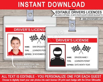 Race Car Drivers License Birthday Party Decorations or Favors - Printable ID Badge Template - INSTANT DOWNLOAD with Editable text & photo