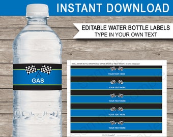 Blue Race Car Water Bottle Labels Template - Printable Race Car Theme Birthday Party Decorations - INSTANT DOWNLOAD - EDITABLE text