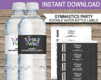 May include: Editable water bottle labels for a gymnastics party. The labels are black with white text and feature a gymnast in a pink, blue, and green leotard. The text on the labels reads "Tumble and Twirl" and "Name's Age Birthday Party".