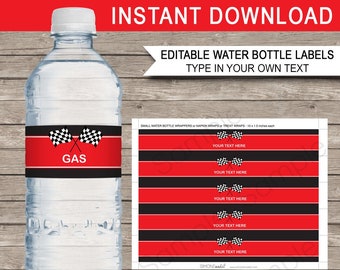 Race Car Water Bottle Labels Template - Printable Birthday Party Decorations - INSTANT DOWNLOAD - EDITABLE text