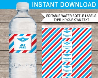 Airplane Party Water Bottle Labels Template - Plane Theme Birthday Party Decorations -  Wrappers - EDITABLE text DOWNLOAD - you personalize