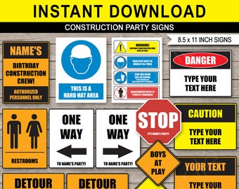 Construction Road Signs Birthday Party Decorations Printable Templates - Caution Stop One Way - EDITABLE TEXT DOWNLOAD - 8.5x11 inch (A4)