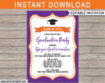 Graduation Party Invitations - purple & orange - Printable Template - Any Year - Grad Invite - INSTANT DOWNLOAD with EDITABLE text