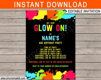 May include: Editable invitation template with a black background and neon colored paint splatters. The text reads "Get Your Glow On!" with the words "Name's Age Birthday Party" below. The template includes space to add the time, date, location, and RSVP information.