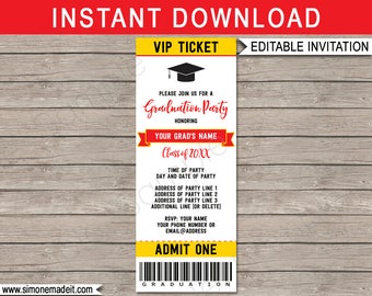 Graduation Ticket Invitation Template - Graduation Party - Gold or Yellow & Red - any Year - INSTANT DOWNLOAD with EDITABLE text - you edit