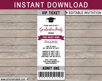 Graduation Ticket Invitation - Graduation Party - Printable Grad Invite - Burgundy & Gray / Silver - INSTANT DOWNLOAD with EDITABLE text