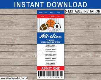 All Star Teacher Appreciation Week Ticket Invitation - School All-Star Theme - INSTANT DOWNLOAD with EDITABLE text - you personalize at home