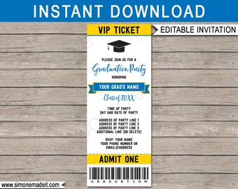 Graduation Ticket Invitation - Graduation Party - Gold or Yellow & Blue - for any Year - INSTANT DOWNLOAD with EDITABLE text - you edit