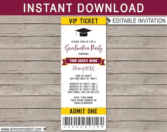 Graduation Ticket Invitation Template - Graduation Party - Gold or Yellow & Burgundy - for any Year - INSTANT DOWNLOAD with EDITABLE text