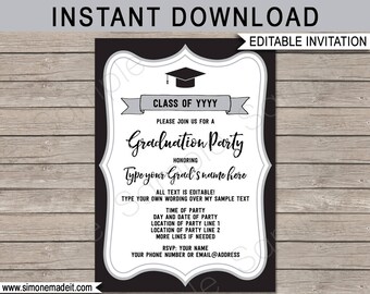 Graduation Party Invitations - black & gray / silver - Printable Template - Any Year - Grad Invite - INSTANT DOWNLOAD with EDITABLE text