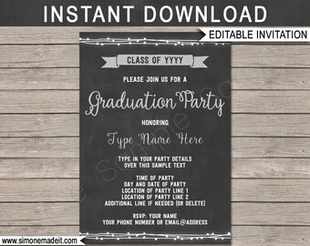 Graduation Party Invitations - Grad Party Invites - Announcement - Any Year - Silver Glitter Chalkboard - INSTANT DOWNLOAD - EDITABLE text