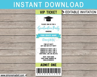 Graduation Ticket Invitation - Graduation Party - Grad Invite - Turquoise & Light Green - for any Year - INSTANT DOWNLOAD with EDITABLE text