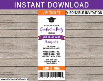 Graduation Ticket Invitation - Graduation Party - Grad Invite - Purple & Orange - any Year - INSTANT DOWNLOAD with EDITABLE text - you edit