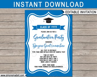 Blue Graduation Party Invitations - Printable Template - Any Year - Grad Party Invite - INSTANT DOWNLOAD - EDITABLE text - you personalize