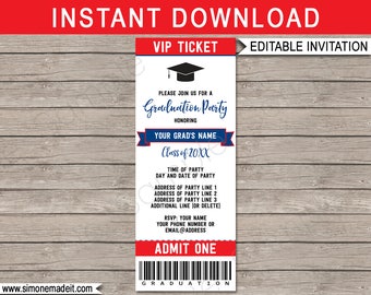 Editable Graduation Ticket Invitation: Navy Blue & Red (Instant Download)