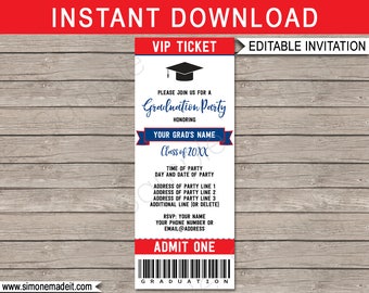 Graduation Ticket Invitation - Graduation Party - Grad Invite - Navy Blue & Red - any Year - INSTANT DOWNLOAD with EDITABLE text - you edit