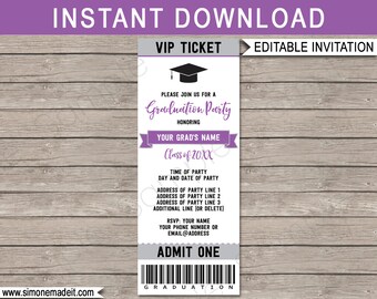 Graduation Ticket Invitation - Graduation Party - Grad Invite - Purple & Gray / Silver - for any Year - INSTANT DOWNLOAD with EDITABLE text