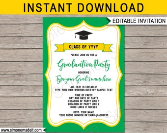 Graduation Party Invitations - green & gold / yellow - Printable Template - Any Year - Grad Invite - INSTANT DOWNLOAD with EDITABLE text