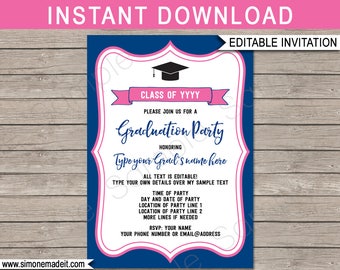 Graduation Party Invitations - Navy Blue & Pink - Any Year - Printable Grad Invite - INSTANT DOWNLOAD - EDITABLE text - you personalize