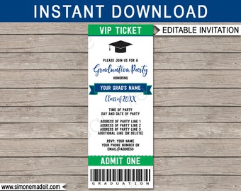 Graduation Ticket Invitation - Graduation Party - Grad Invite - Navy Blue Green - any Year - INSTANT DOWNLOAD with EDITABLE text - you edit