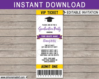 Graduation Ticket Invitations - Graduation Party - Grad Invite - Gold or Yellow & Purple - any Year - INSTANT DOWNLOAD with EDITABLE text
