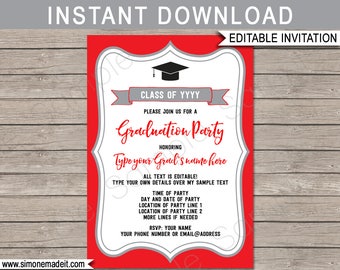 Graduation Invitations - Grad Party Invite - red & gray / silver - for Any Year - INSTANT DOWNLOAD with EDITABLE text - you personalize