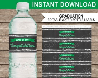 Graduation Water Bottle Labels or Wrappers - Green & Chalkboard - Congratulations - for Any Year - INSTANT DOWNLOAD with EDITABLE text