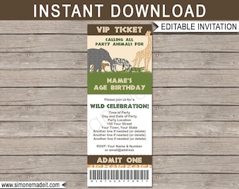 Safari Party Ticket Invitation Template - Printable Zoo Animal Safari Birthday Party Invite Ticket - EDITABLE TEXT DOWNLOAD - you edit