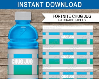 chug jug labels or wrappers 12 oz gatorade video game birthday party decorations fortnight theme instant download - chug chug fortnite water bottle