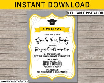 Graduation Party Invitations Template - gray / silver & gold / yellow - any year - Grad Invite - INSTANT DOWNLOAD with EDITABLE text