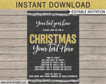 Christmas Party Invitation Template - Printable Xmas Invite - INSTANT DOWNLOAD with EDITABLE text - you personalize at home