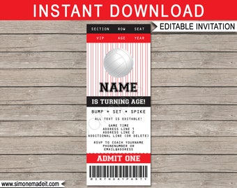Volleyball Ticket Invitation Template: Red Birthday Party Invite (EDITABLE TEXT DOWNLOAD)