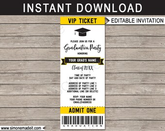 Graduation Ticket Invitation Template - Graduation Party - Gold / Yellow & Black - any Year - INSTANT DOWNLOAD with EDITABLE text - you edit