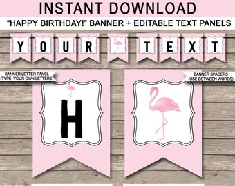 Flamingo Happy Birthday Banner - Flamingo Theme Pennant - Printable Custom Banner - Party Decorations - INSTANT DOWNLOAD with EDITABLE text
