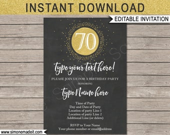 70th Birthday Invitation Template - Chalkboard & Gold Glitter - INSTANT DOWNLOAD with EDITABLE text - you personalize at home