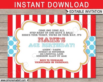 Carnival Invitation Printable Birthday Party Invite Template - Circus Theme - Red Aqua - INSTANT DOWNLOAD text EDITABLE - you personalize