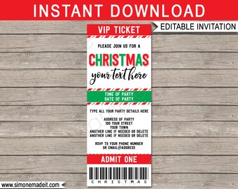 Christmas Party Ticket Invitations Template - Printable Invites - INSTANT DOWNLOAD - EDITABLE text - you personalize & print at home