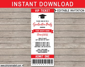 Graduation Ticket Invitation - Graduation Party - Grad Invite - Red & White - for any Year - INSTANT DOWNLOAD with EDITABLE text - you edit