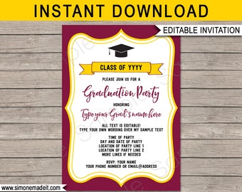 Graduation Party Invitations - burgundy & gold or yellow - Printable Template - Any Year - Grad Invite - INSTANT DOWNLOAD - EDITABLE text