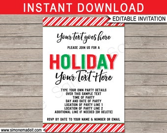 Holiday Party Invitations Template - Printable Invites - INSTANT DOWNLOAD - EDITABLE text - Open House, School Class Party, Christmas Party