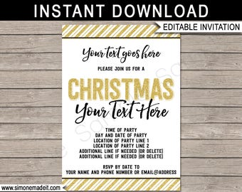 Printable Christmas Party Invitation Template - Xmas Invite - Any Occasion - Gold Glitter - INSTANT DOWNLOAD text EDITABLE - you personalize