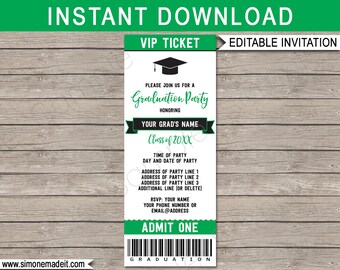 Graduation Ticket Invitation - Graduation Party - Grad Invite - Black & Kelly Green - for any Year - INSTANT DOWNLOAD with EDITABLE text