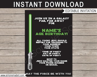 Star Wars Birthday Invitation: Green Lightsaber, Editable Text (Digital Download)