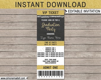 Graduation Ticket Invitation Template - Grad Ticket Invite - for AnyYear - Gold Glitter & Chalkboard - INSTANT DOWNLOAD with EDITABLE text