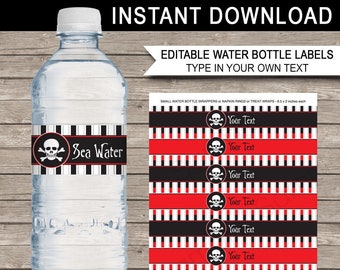 Pirate Water Bottle Labels Template - Printable Pirate Theme Birthday Party Decorations - INSTANT DOWNLOAD with EDITABLE text