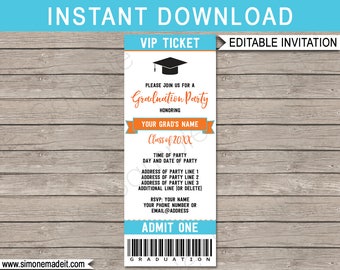 Graduation Ticket Invitation - Graduation Party - Grad Invite - Turquoise & Orange - for any Year - INSTANT DOWNLOAD with EDITABLE text