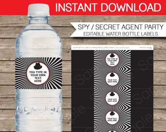 Spy Party Water Bottle Labels or Wrappers - INSTANT DOWNLOAD with EDITABLE text - you personalize using Adobe Reader - Printable Template