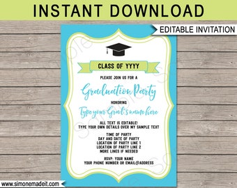 Graduation Party Invitations - turquoise / aqua & green - Printable Template - Any Year - Grad Invite - INSTANT DOWNLOAD with EDITABLE text