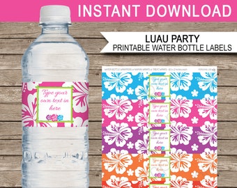 Luau Party Water Bottle Labels or Wrappers - INSTANT DOWNLOAD & EDITABLE template - type your own text in Adobe Reader