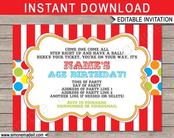 Carnival Invitation Template - Printable Birthday Party Invite - Circus Carnival Theme - INSTANT DOWNLOAD - EDITABLE text - you personalize